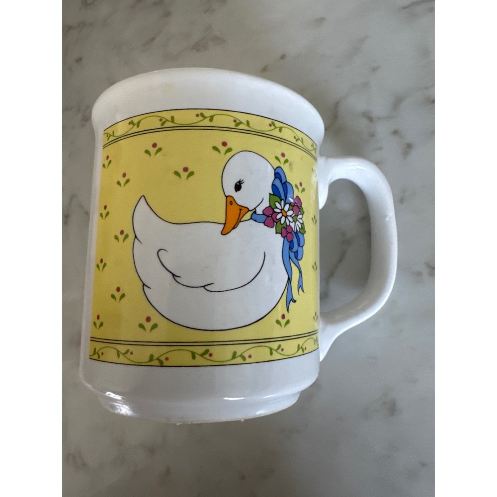 Vintage Giftco White Goose Blue Floral Bow Yellow Coffee Mug Country Cottage